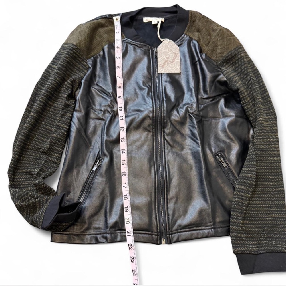 Vegan Leather/Knit Spliced Bomber Jacket - Picture 16 of 16